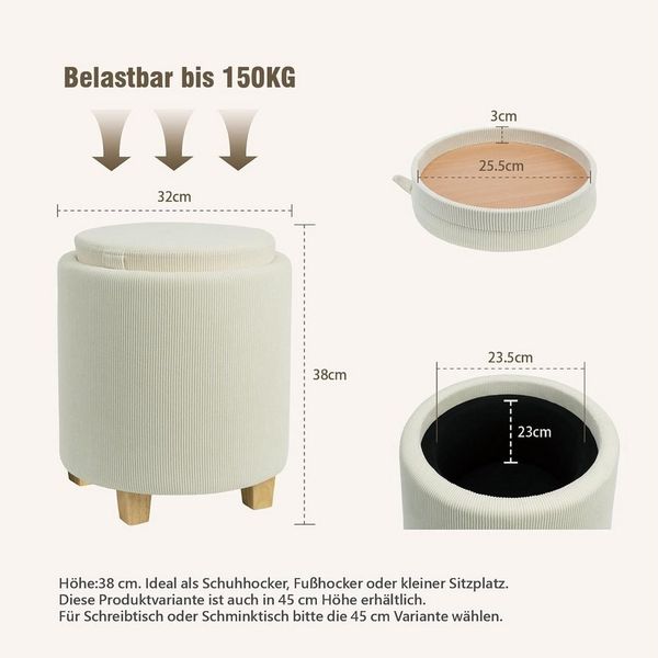 Zedelmaier Sitzhocker mit Stauraum rund Beige, Couchtisch, Sitzhocker mit Deckel, Fußhocker mit Aufbewahrungsbox, Polsterhocker mit Holzbeinen