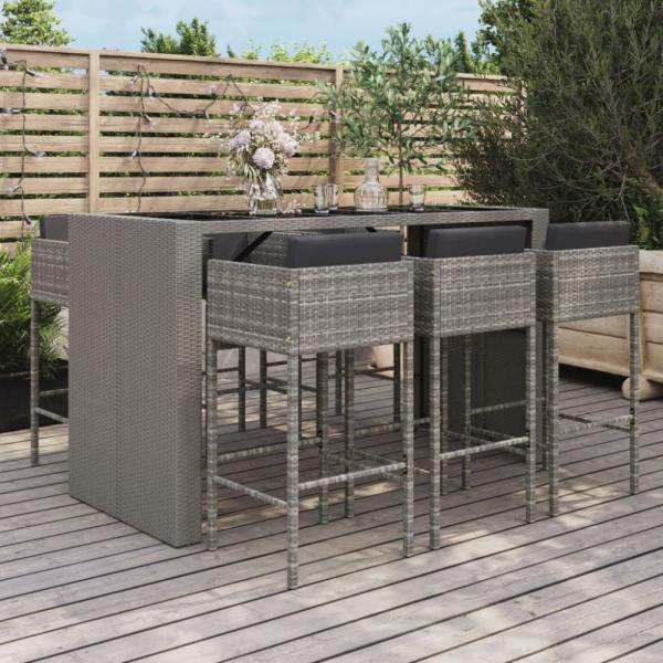 vidaXL 7-tlg. Gartenbar-Set mit Kissen Grau Poly Rattan 3200665