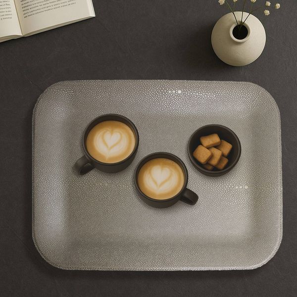 Tablett flach klein Kunstleder Rochen beige Kaffeetablett