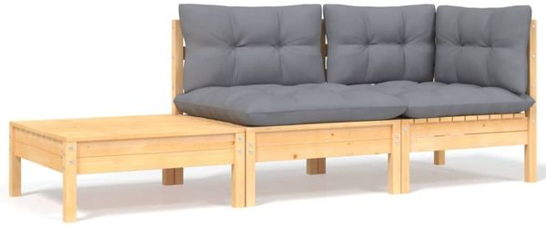 vidaXL 3-tlg. Garten-Lounge-Set mit Grauen Kissen Kiefer Massivholz 806669