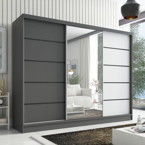 Schwebetürenschrank ARIVA 2 3-türig Schrank 200 cm (mit Spiegel) Farbe: Graphit , Weiß