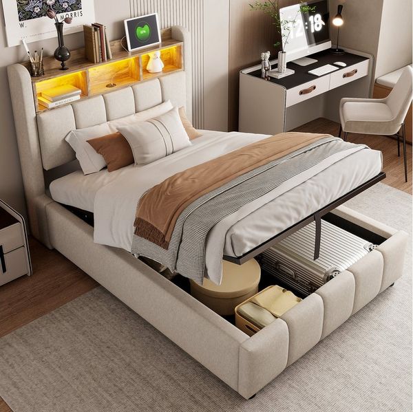 OKWISH Polsterbett Doppelbett, mit hydraulisches Stauraum (mit Kopfteil Einlegeböden, mit LED-Beleuchtung & USB-Anschluss, 90 x 200 cm), ohne Matratze