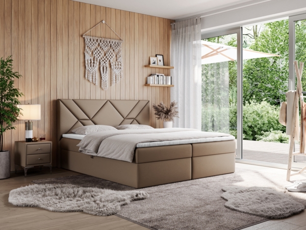 Boxspringbett, Polsterbett mit Multipocket-Matratzen und Topper, dekorativem Kopfteil, zwei Bettkästen - NEOMI - 140 x 200 cm - Braun Kunstleder - H4