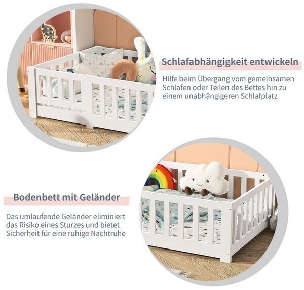 SEEZSSA Einzelbett Massivholzbett Holzbett Weiß Einzelbett mit Kopf und Fußteil Bett (90x200 cm Montessori Bodenbett Bett), mit Lattenrost und Rausfallschutz Bild 4