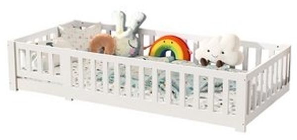 SEEZSSA Einzelbett Massivholzbett Holzbett Weiß Einzelbett mit Kopf und Fußteil Bett (90x200 cm Montessori Bodenbett Bett), mit Lattenrost und Rausfallschutz Bild 6