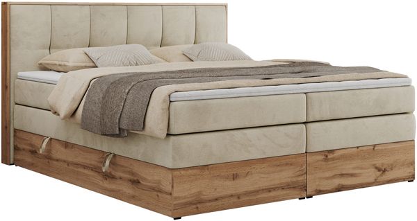 Boxspringbett, Doppelbett mit zwei 7 Härtezonen Multipocket-Matratzen, Bettkästen, Eiche Wotan Holzrahmen, Polsterbett mit Topper-Matratze - ALBERO 1 KING - 140 x 200 cm - Beige Velours - H3 Bild 4