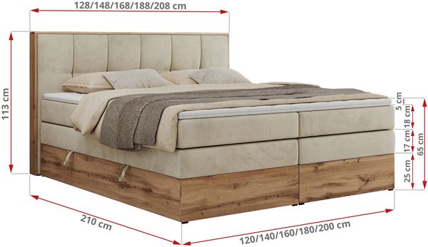 Boxspringbett, Doppelbett mit zwei 7 Härtezonen Multipocket-Matratzen, Bettkästen, Eiche Wotan Holzrahmen, Polsterbett mit Topper-Matratze - ALBERO 1 KING - 140 x 200 cm - Beige Velours - H3 Bild 6