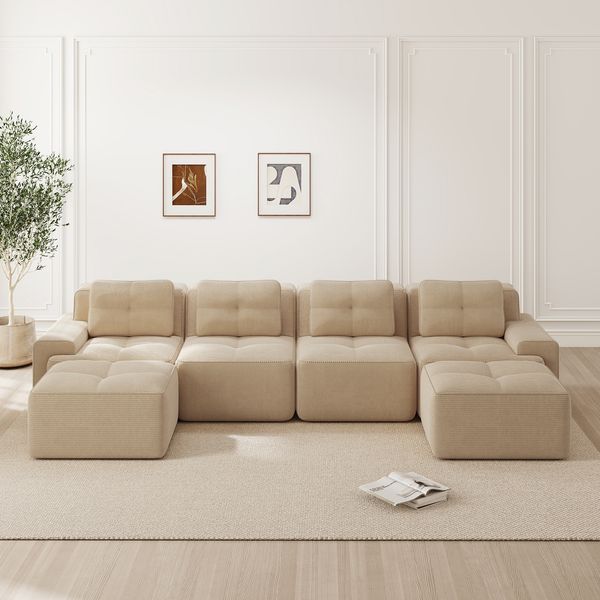 4-Sitzer Modulares Sofa aus Cord mit boneless Design & 2 Ottomanen, beige