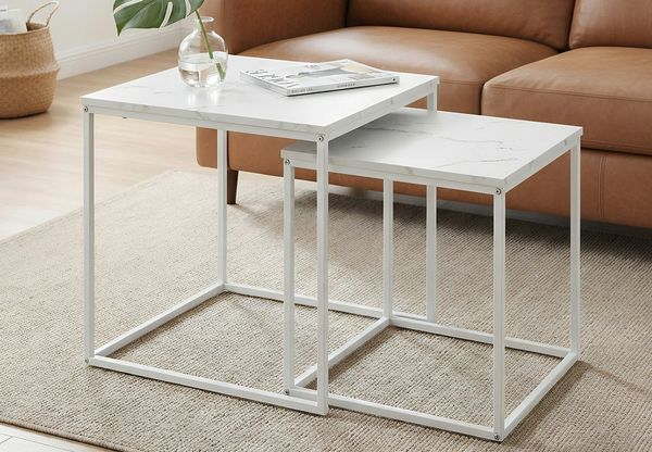 Home Collective Couchtisch 2er Set Beistelltisch Loft Design 2in1 Verschachtelung Wohnzimmer, kratzfeste Oberfläche 53cm & 43cm Weiß Marmor Optik mit Weißen Beinen