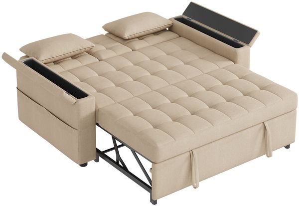 Merax 2-Sitzer Schlafsofa mit Stauraum und Verstellbarer Rückenlehne, Sofa mit Armlehnen-Staufächern und Kissen, Vielseitiges Klappsofa, Beige Bild 9
