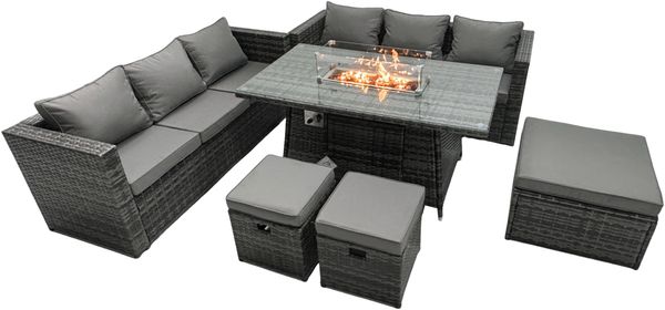 Fimous Rattan Gartenmöbel Set 6-Sitzer Garten Sofa Gas Feuertisch Set mit 3 Hockern