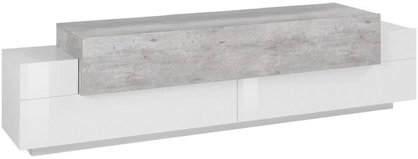 Dmora TV-Schrank Arold, niedriges Wohnzimmer-Sideboard, Fernsehständer-Basis, 100 % Made in Italy, 200 x 45 x 52 cm, glänzendes Weiß und Zement,
