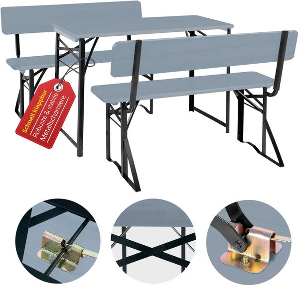 Stagecaptain 'Hirschgarten' Bierzeltgarnitur mit Lehne, Holz, 119 x 44,5 x 75,5 cm, 2x Bank, 1x Tisch, Grau