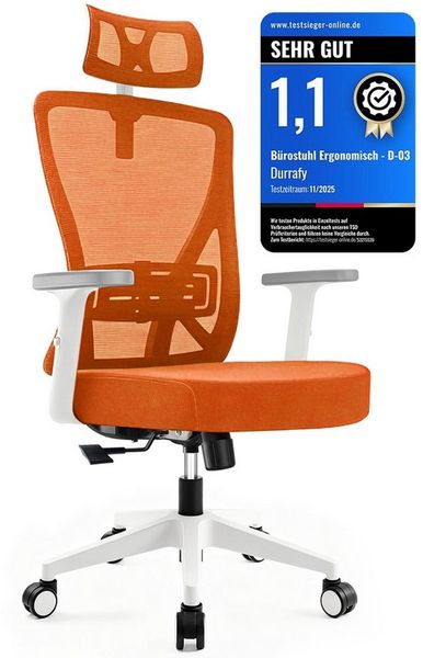 Durrafy Bürostuhl 200kg Ergonomischer Bürostuhl-Verstellbare Lordosenstütze (200 kg extra hohe Belastbarkeit) Verstellbare Lendenwirbelstutze + Kopfstutze + hohenverstelbare Armlehnen),bis zu 130° neigbar, atmungsaktives Netzgewebe, Drehstuhl