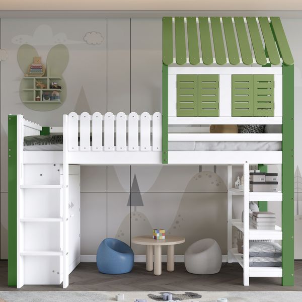 Hochbett 90x200 cm, mit Dach, Fenster, Kleiderschrank & 3 Regalböden, Holz, weiß/grün