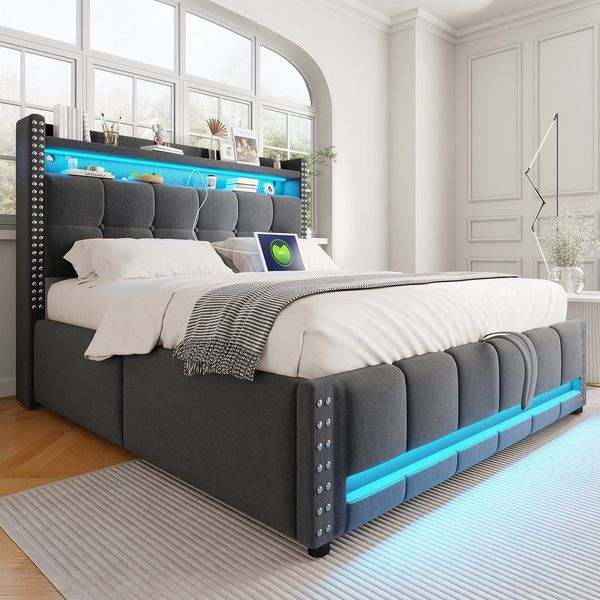 Merax Polsterbett aus Leinen (Stauraumbett Mehrzweckbett, 1-tlg), hydraulisch Doppelbett 140x200cm mit LED USB-Steckdose Stauraum Regal