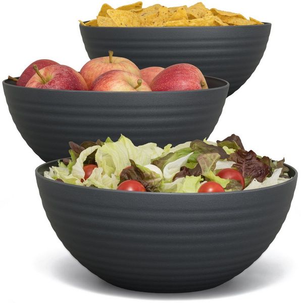 Hausfelder Servierschüssel Salatschüssel Set Schüsseln für Salat, Chips, Obst in Schwarz, Kunststoff, (3er Set, 3-tlg), spülmaschinengeeignet, BPA-frei, bruchfest, Wellen-Design