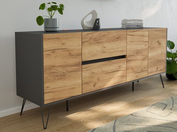 Magnolia Home Kommode Sideboard Yako 180cm 2 SoftClose 3 Türen Grafit/Eiche Front