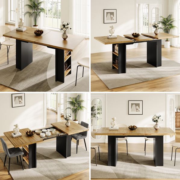 Esstisch Teleskoptisch (120-160×80cm), Tisch mit Regalen, Küchentisch, Ausziehtisch, mit Hilfe innenliegender Einlegeplatten auf 120-160cm ausziehbar, für Küche und Wohnzimmer, Holzfarbener