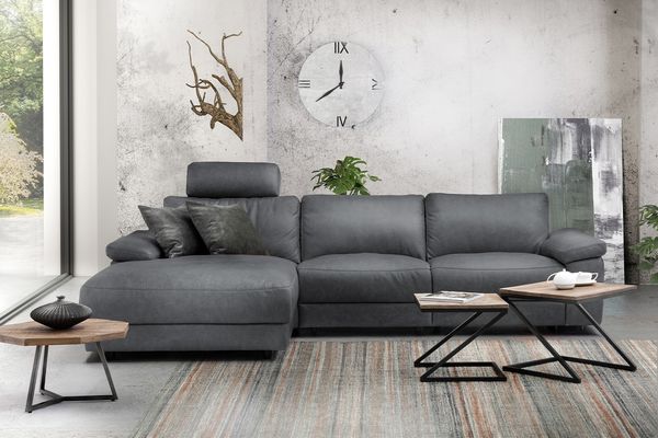 KAWOLA Sofa LOLA Ecksofa XL Leder grau mit motorischer Relaxfunktion Recamiere links 84 x 178 x 304 cm