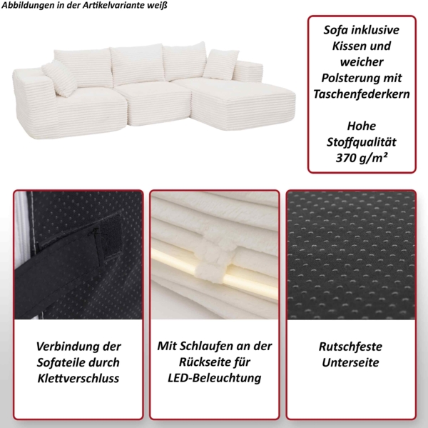 Sofa-Garnitur HWC-P20, 3-Sitzer Couch Loungesofa, Stoff/Textil Cord (370 g/m²) Liegefläche rechts ~ hellgrau Bild 2