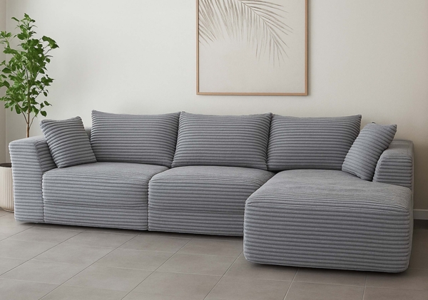 Sofa-Garnitur HWC-P20, 3-Sitzer Couch Loungesofa, Stoff/Textil Cord (370 g/m²) Liegefläche rechts ~ hellgrau Bild 1