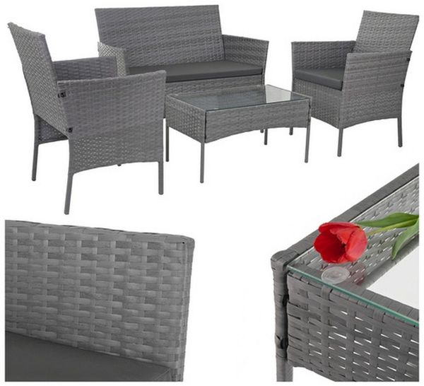 Gardlov Gartenlounge-Set Rattan-Gartenmöbel Glastisch, (Spar-Set, 4-tlg, wetterbeständige Möbel), bestehend aus 2 Sesseln, Zweisitzer-Sofa und Tisch mit Glasplatte