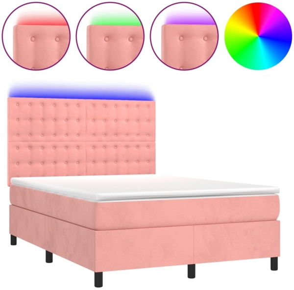 vidaXL Boxspringbett mit Matratze & LED Rosa 140x190 cm Samt 3136364