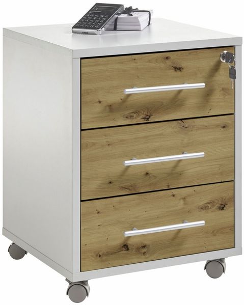 XORA 'FINITO' Rollcontainer, Holznachbildung Eiche Artisan grau, 43 x 56 x 42 cm, mit 3 Schubladen