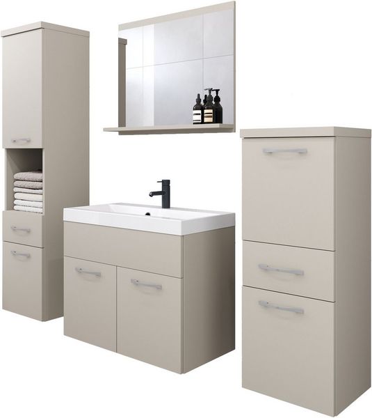 welltime Badmöbel-Set ELDA, (Komplett-Set, 5-St), Waschtisch inkl. Waschbecken, Hochschrank, Badschrank und Spiegel