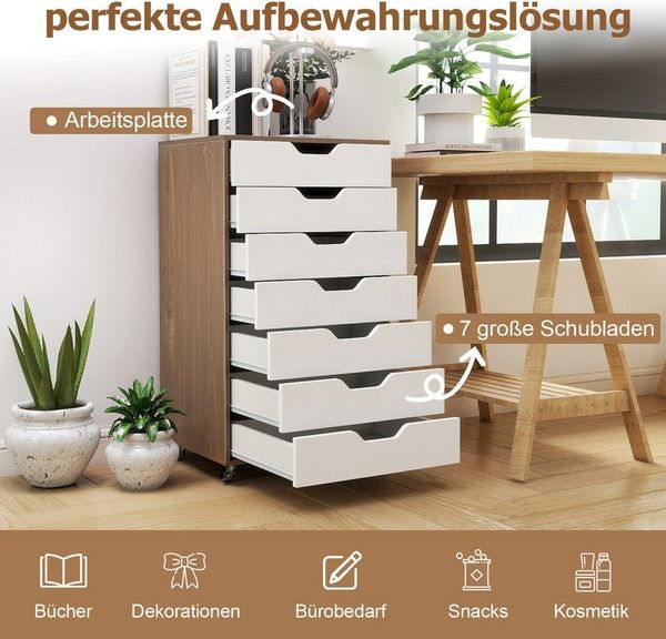 COSTWAY Rollcontainer, mit 7 Schubladen Aktenschrank mit Rädern
