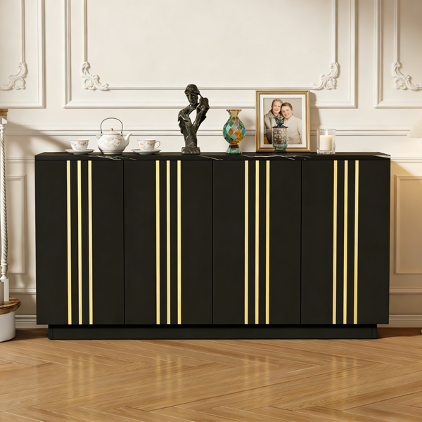 Merax Sideboard, Aufbewahrungsschrank mit 4 Türen, 35 x 140 x 70 cm. Design mit vergoldeten Linien, Spind mit verstellbaren Trennwänden, Kabinett, Schwarz+Gold