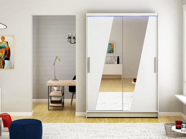 Kleiderschrank Miami VIII, mit RGB LED Beleuchtung, Farbe: Weiß / Spiegel