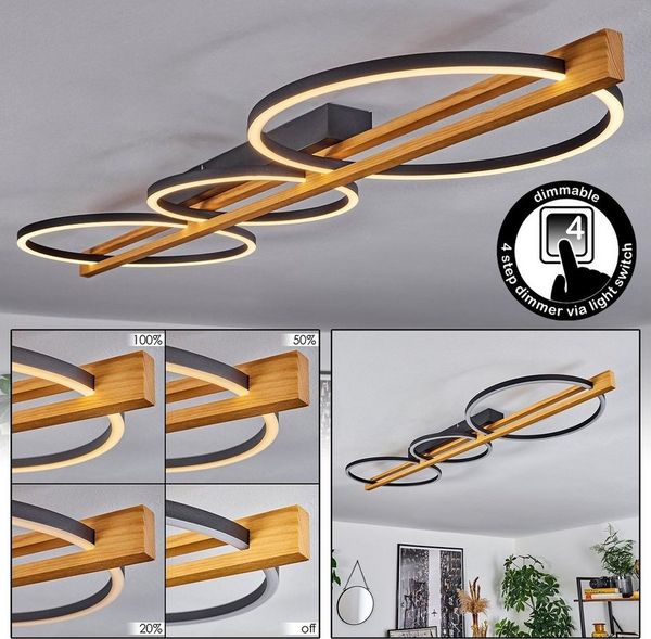 hofstein Deckenleuchte dimmbare Deckenlampe aus Metall/Holz/Kunststoff in Schwarz/Natur/Weiß, LED fest integriert, 3000 Kelvin, (26,5 cm, 36,5 cm), 38 Watt, 1600 Lumen, dimmbar über Lichtschalter