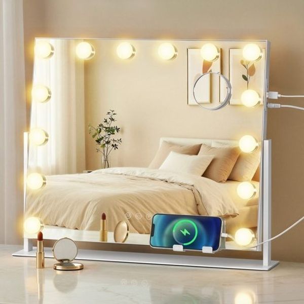SONGMICS Make-up Spiegel mit LED-Beleuchtung, Kosmetikspiegel, Touch-Steuerung, Handyhalter, 3 Lichtfarben, 50 x 42 cm, weiß