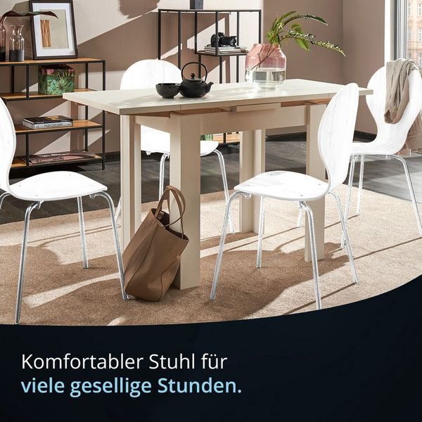 KHG Stapelstuhl Esszimmerstuhl Weiß, bis 110 kg belastbar, Modern, Stapelbar, Einteilige Sitzschale, Metallgestell verchromt silber