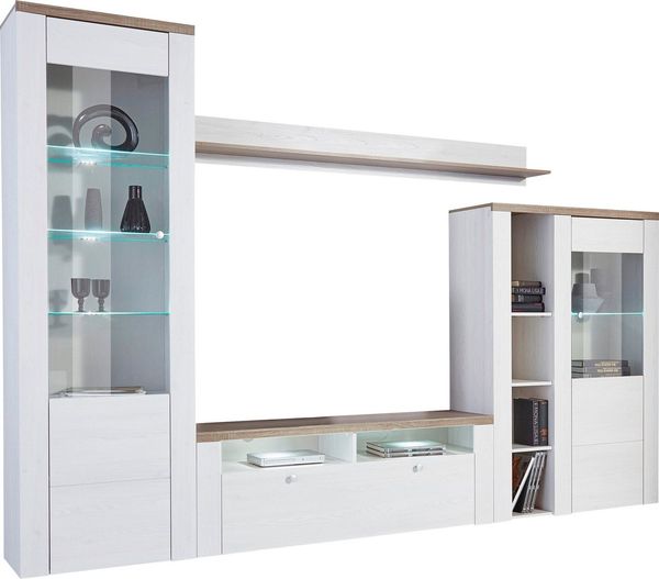 Home affaire Wohnwand Larona, Anbauwand, Set 4 Teilig, (Set, 4-St), bestehend aus 1 TV-Board, 1 Highboard, 1 Vitrine, 1 Wandregal