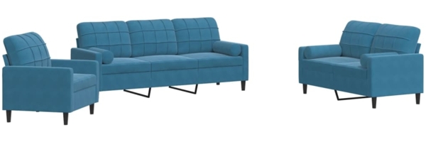 vidaXL 3-tlg. Sofagarnitur mit Kissen und Nackenrollen Blau Samt 3278380