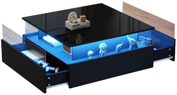 Merax Couchtisch Couchtisch hochglanz Wohnzimmertisch mit LED-Beleuchtung (Beistelltisch, Sofatisch, Kaffeetisch, L70/B70/H41 cm), Sofatisch mit 2 Schublade, großen Stauraum,Glas-Präsentationsbereich