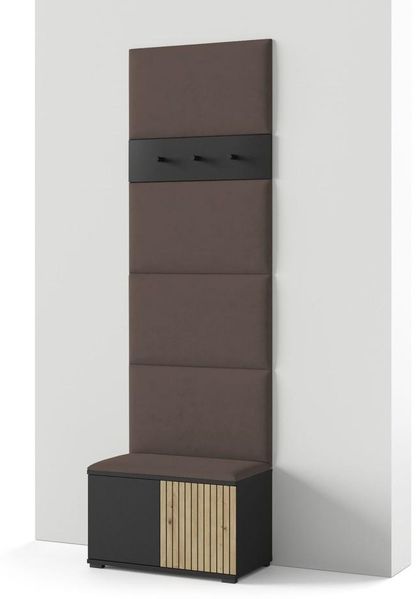 Garderoben-Set Rosario Version 6 mit Lamellen, mit Polsterplatten und Schuhschrank (Schwarz / Eiche Artisan, Trinity 08), 225cm x 40 x 70 cm