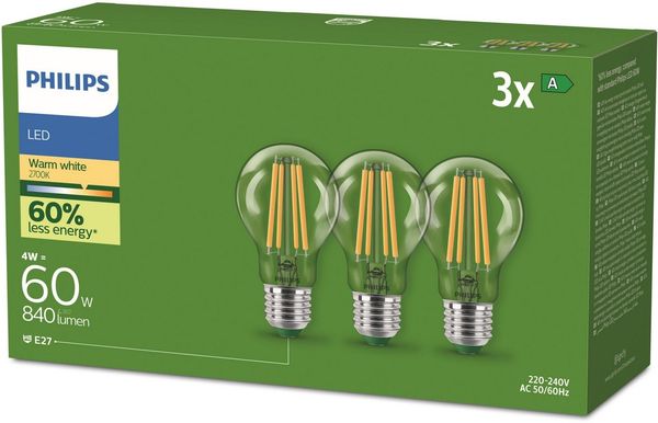 Philips Classic ultraeffiziente E27 LED Lampe, 60W, warmweiß, klar, 3-er Pack Bild 2