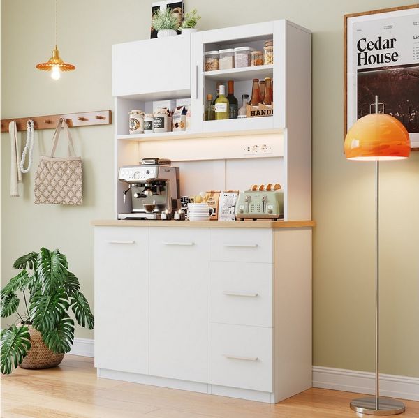 HOMALL Küchenbuffet Hohe Schränke, Küchenzeilen, Sideboards, mit LED-Beleuchtung (Maße: 100 × 40 × 182 cm, mit 3 Schubladen + 3 Schranktüren + 1 offenem Staufach und Arbeitsplatte, 2 Steckdosen + 2 USB-Anschlüssen, mit verstellbaren Einlegeböden)