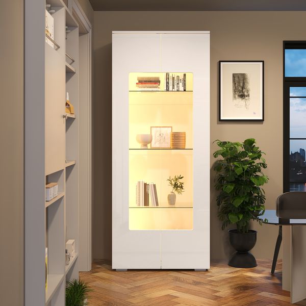 Wohnzimmervitrine, MDF mit Hochglanz & LED, 70x40x173 cm, Weiß