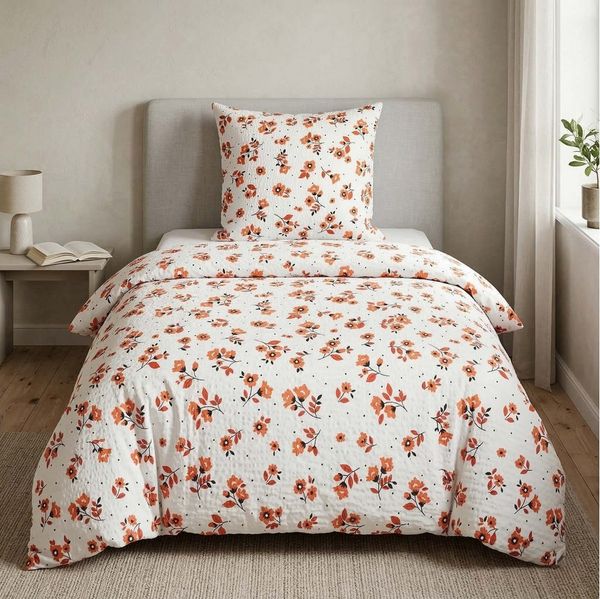 Casa Colori Bettwäsche Seersucker Bettwäsche 135x200 Weiß Blumenmuster 100% Baumwolle, Seersucker, 4 teilig, Weiß Blumenmuster