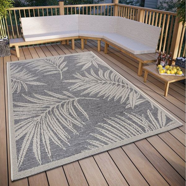 Hanse Home Paru Outdoor Teppich Wetterfest – Modernes Palmen Muster Florales Design, Wasserfest robuster Aussenteppich Flachgewebe für Garten, Balkon, Terrasse, Wohnzimmer – Grau Creme, 76x150 cm
