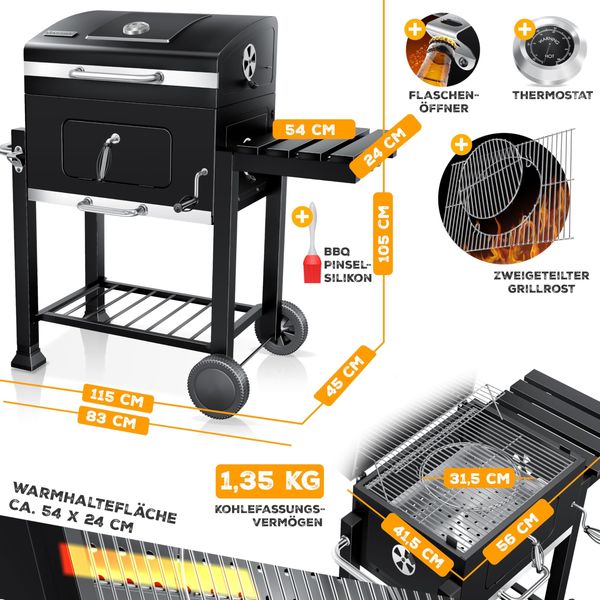 KESSER® 'XL' Holzkohlegrill mit Deckel, Rädern, Edelstahl-Griff, Grillrost & Thermometer, Edelstahl schwarz, 115 x 45 x 105 cm Bild 7