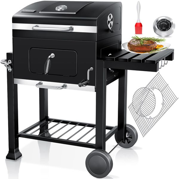 KESSER® 'XL' Holzkohlegrill mit Deckel, Rädern, Edelstahl-Griff, Grillrost & Thermometer, Edelstahl schwarz, 115 x 45 x 105 cm