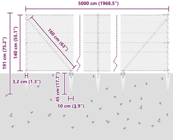 vidaXL Sechseckiger Zaun mit Pfosten 50 x 1,4 m Grau Netz 3353281 Bild 11