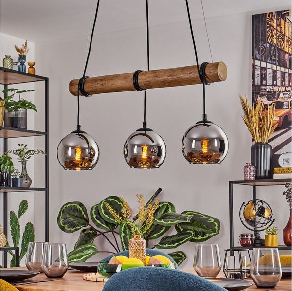 hofstein Pendelleuchte Hängelampe aus Metall/Holz/Glas in Schwarz/Natur-/Chrom-/Rauchfarben, ohne Leuchtmittel, Hängeleuchte im Boho-Design mit Glasschirmen und Holzbalken, 3 x E27