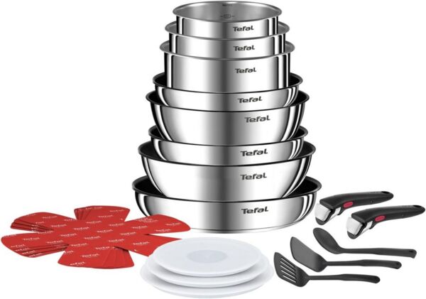 Tefal Ingenio Emotion 20-tlg. Topf und Pfannenset abnehmbarer Griff, mit Zubehör, stapelbar, platzsparend, Topfset Induktion Titanium 2X Antihaftversiegelung, einfache Handhabung und Reinigung, L897SK